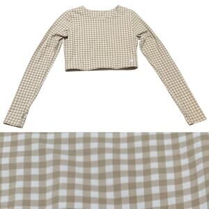 Astoria Activewear LUXE BALANCE Staple Sleeved Crop Top Beige Gingham Size XL